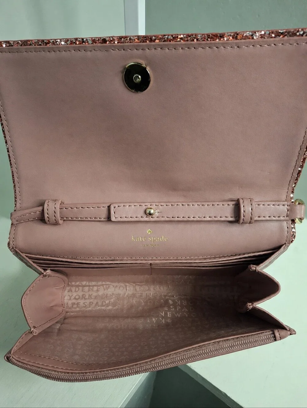 Kate Spade Blush Pink Glitter Trim Crossbody Bag Wallet EUC Like New